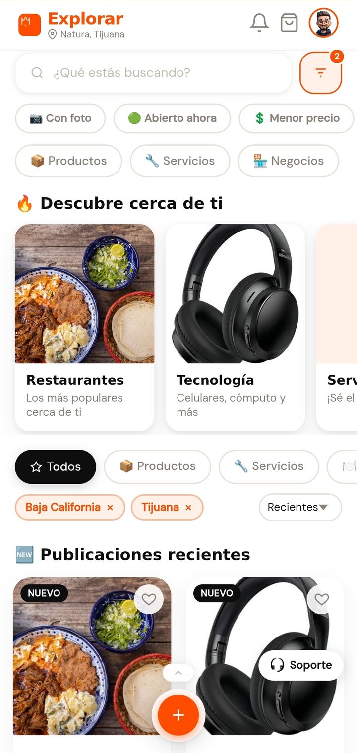 Pantalla Explorar de la app SoyLocal, con búsqueda, filtros y categorías destacadas